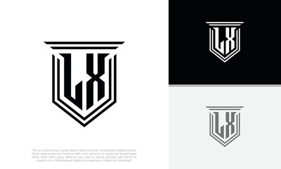 Initials LX logo design. Luxury shield letter logo design.