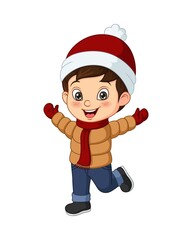 Cartoon little boy wearing winter clothes