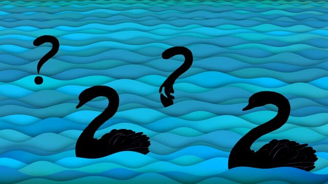 Black swans on wavy background. Economy symbol of unpredictable event. Something rare. Cartoon animation of question marks transforming into a rare birds. Usefor for business explaining materials.