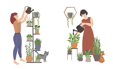 Girls caring for house plants in home garden with cat. Daily life and everyday routine scene by young woman vector illustration.