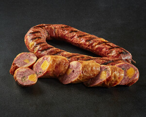Smoked sausage from pork and beef meat with cheddar and jalapenos