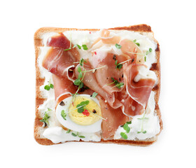 Delicious sandwich with prosciutto, egg, cream cheese and microgreens isolated on white, top view