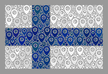 Mosaic targeting Finland flag designed of direction items. Vector mosaic rectangular Finland flag constructed for targeting applications. Finland flag collage is shaped of randomized place pictograms.