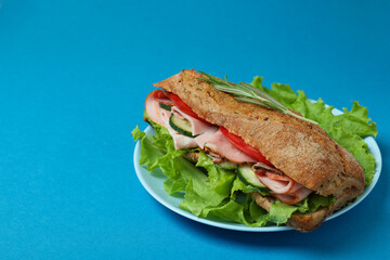 Plate with ciabatta sandwich on blue background