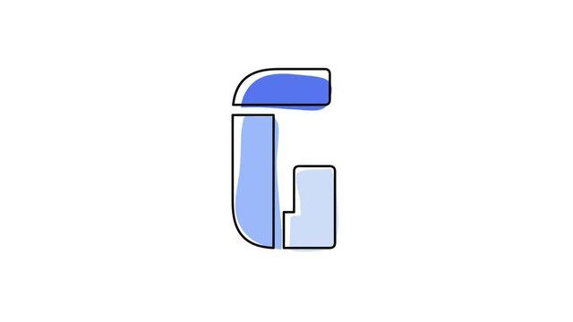 Letter G. 4K video. Blue font animated isolated on clear white background. Contrasting symbol, moving mobile form, black outline. Capital Letter G for software, user interface, mobile app, game.