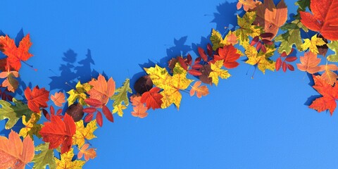 Bright multicolored autumn leaves on a blue background. Place for your text. 3d illustration