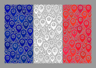 Mosaic targeting France flag created of direction icons. Vector mosaic rectangular France flag designed for targeting applications. France flag collage is created of scattered place items.