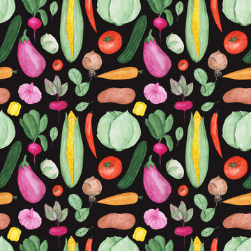 Watercolor vegetables seamless pattern on a black background. Hand-drawn corn, red chili pepper, cabbage, radish with leaves, cucumber, tomato, eggplant, carrot, onion, potato, and spinach print.