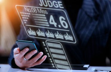 Fanclub can not join Event so they follow Social Media for Miss Beauty Pageant Queen Contest, audience comments Popular Vote and Rating by Judge on Smart Cell Phone, copy space