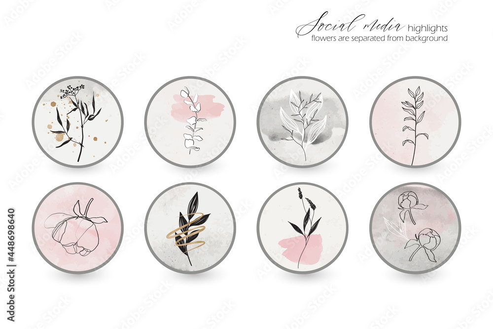 Wall mural Instagram social media highlight cover icons, web button. minimal simple hand drawn outline feminine romantic floral flower leaf infographic in pink, black. set of round circle vector symbol, emblem