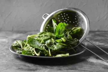 Colander and plate with fresh spinach leaves on grey background