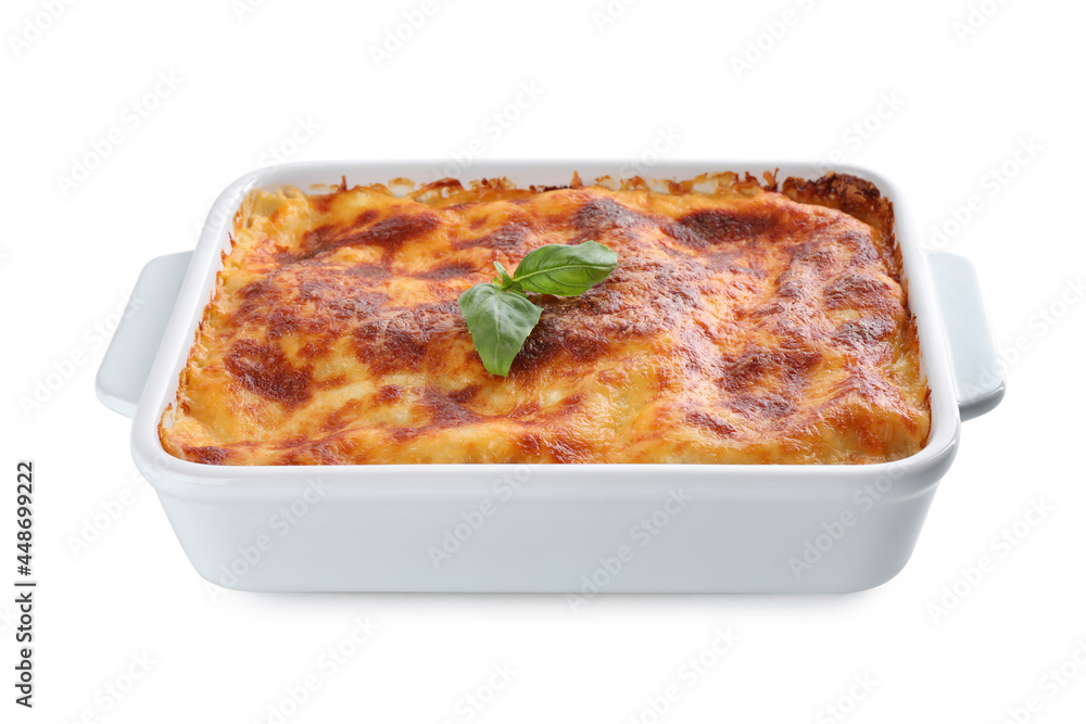 Canvas Prints tasty cooked lasagna in baking dish isolated on white