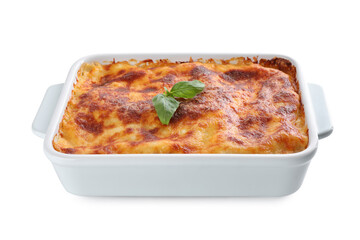 Tasty cooked lasagna in baking dish isolated on white