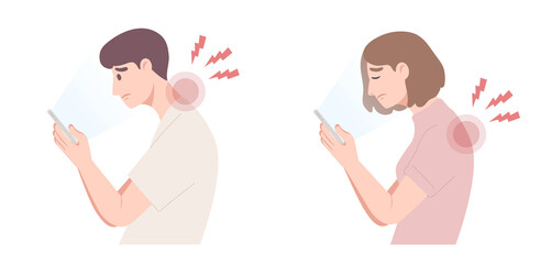 Illustration of bad smartphone using postures cause of neck and shoulder pain. Spine damage. Concept of health care, physical injury, medical, lifestyle. Flat vector illustration character.