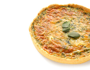 Tasty spinach tart on white background