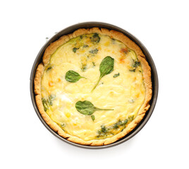 Tasty spinach tart on white background