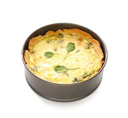 Tasty spinach tart on white background