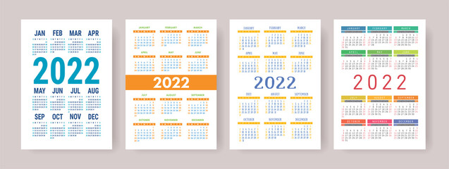 Naklejka premium Calendar 2022 year set. Vector template collection. Simple design. Week starts on Sunday. January, February, March, April, May, June, July, August, September, October, November, December