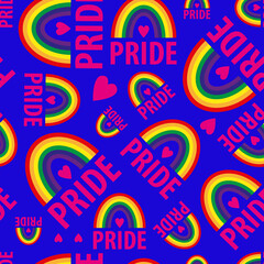 A vector seamless pattern of the words pride. Pride lesbian, gay, bisexual transgender, heart, rainbow on a electric blue background. Symbol of the LGBT community. For fabric, wallpaper, wrap, sites.