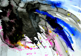 watercolor illustration abstraction with black, blue, pink flowers, expressive