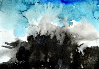 watercolor illustration of blue and black color with colorful streaks, expressive