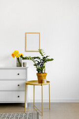 Vase with narcissus flowers in stylish interior of room