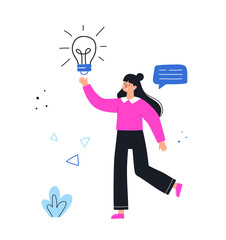 Creative new idea, innovation business start up. Smart businesswoman leader with lamp in hand. Hand drawn vector illustration.