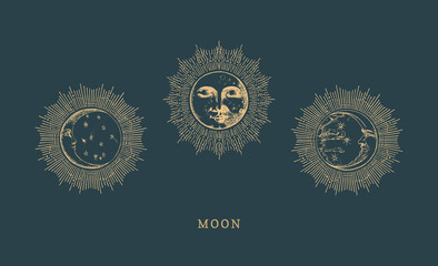 Set of Moon drawings with halo in engraving style.