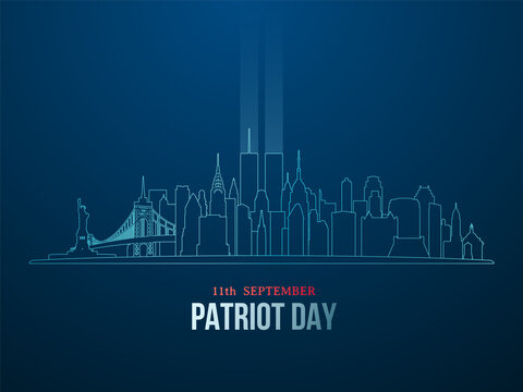 New York City Skyline With Silhouette Of Twin Towers In Linear Style. September 11 Attacks. Patriot Day Vector Banne