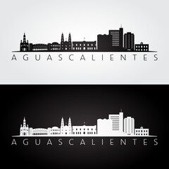 Aguascalientes skyline and landmarks silhouette, black and white design, vector illustration.