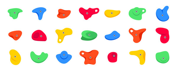 Set of climbing grips or holds in the gym bouldering training flat style design vector illustration set. Holds for the rock climbing walls. Crimps, jugs, pinches, slopers elements icon signs.