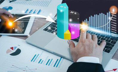 Close up Businessman working on table office deck for business growth up or stock market with data statistics level up of graph or chart.Financial and Technology concept ,planning and strategy icon.