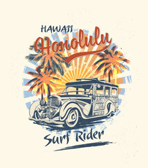 Honolulu typography for t-shirt print with sun,beach and retro Woody Car.Vintage poster.