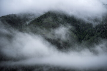 Gloomy dark green mountains in the clouds. A breathtaking landscape. Incredibly beautiful wildlife. Reserved forests