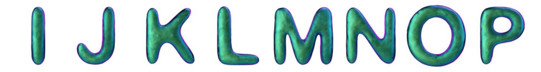 Letters set I, J, K, L, M, N, O, P made of realistic 3d render natural green snake skin texture.