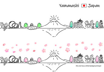 春の山梨県の観光地の街並みシンプル線画セット