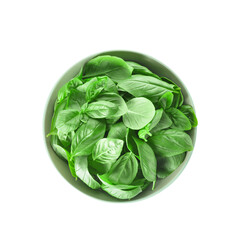 Bowl with fresh basil leaves on white background