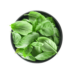 Bowl with fresh basil leaves on white background