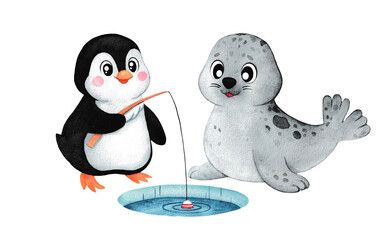 Watercolor illustration. Cute seal and penguin. Fishing. Decorating the nursery. Winter.