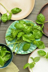 Plates with fresh basil leaves on wooden background