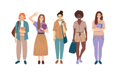 Obraz premium Vector multicultural women students. Flat illustration. Young girls holding books and school bag isolated characters on white background.