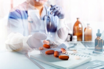 Medicine and syringe on table background, Healthcare and medical.