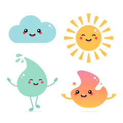 Set, collection of cute nature and weather related cartoon style characters. Smiling and happy sun, cloud, water drop, fire characters.
