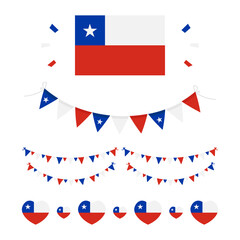 Set, collection of Chile flags and decorations for national and public holidays, Independence Day.
