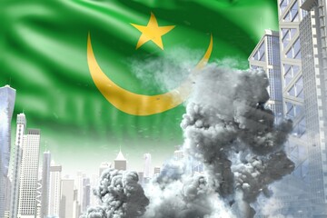 big smoke column in abstract city - concept of industrial accident or terroristic act on Mauritania flag background, industrial 3D illustration