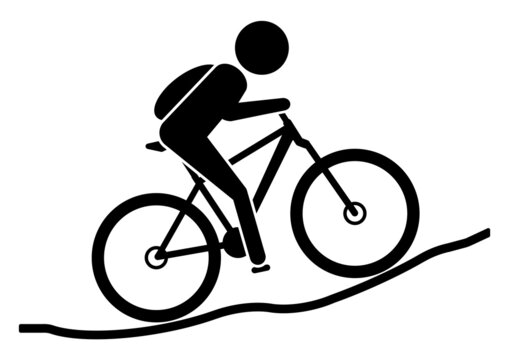 ngi1275 NewGraphicIcon ngi - Mountainbike Piktogramm . MTB . english - mountainbiker riding on a uphill trail - icon . cyclist with backpack riding mountainbike trail . DIN A2, A3, A4 g10651