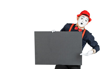 happy artist MIM is holding a black Board on a white background