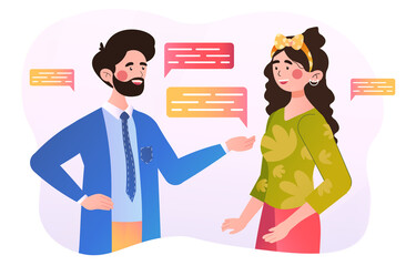 Young male and female characters are talking to each other. People communicating. Concept of positive conversation with speech bubbles. Flat cartoon vector illustration