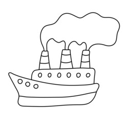 Two-deck ship with steam from the pipes. Hand drawn vector illustration in doodle style on white background. Isolated black outline. Sea and ocean vessel theme. Great for kids coloring books