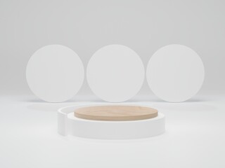 Wood podium on white background. Mock up for show cosmetic product display. Abstract minimal scene with geometric forms. 3d render